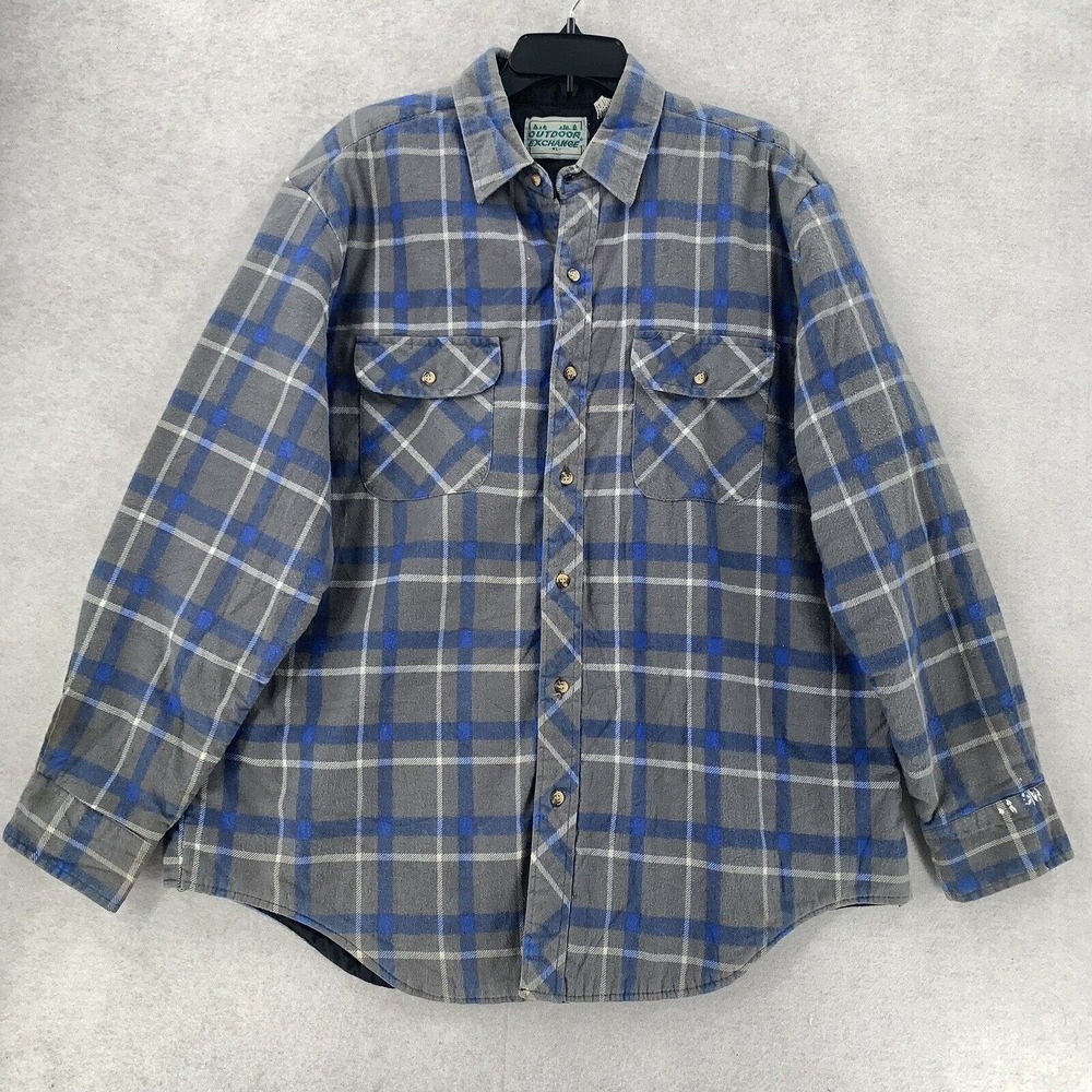 VTG Outdoor Exchange Blue‎ Plaid Quilted Lined Shirt Jacket Shacket Mens 17-17.5